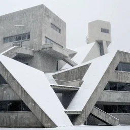 snow falling on complex, geometric brutalist buildings, fragmented architecture, diagonal shapes, complex ramps, balconies, stairways, sharp focus, clear focus, beautiful, award winning architecture, le corbusier, frank lloyd wright, snow, fog, mist, hopeful, quiet, calm, serene