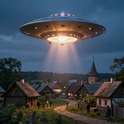 ufo landing in polish medieval village, ultra realistic, lens flare, atmosphere, glow, detailed, intricate, full of colour, cinematic lighting, trending on artstation, 4 k, hyperrealistic, focused, extreme details, cinematic, masterpiece