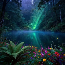 photograph of a beautiful lake lake lake in a dense mystic forest, colored flowers, mystic hues, bioluminescence biolumineescence , breathtaking lights shining, psychedelic fern, tyndall effect, many fire flies, dense forest, foggy, 4k, Acid Pixie, by thomas kinkade and lee madgwick