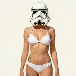 female in white bikini with tattoos and stormtrooper helmet, well composed, clean elegant painting, beautiful detailed face. 6 0 s style advertising, comic book art by steve ditko and jack kirby and ( alphonse mucha )