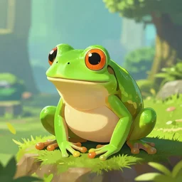 in game footage of a green tree frog from the legend of zelda breath of the wild, breath of the wild art style.