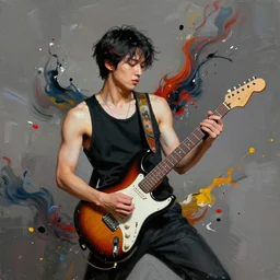 a young korean male musician wearing black tank top holding a telecaster!!! electric guitar!! explodes in thick flowing dramatic brush strokes, matte colors, abstract, impressionist, motion, trending on artstation