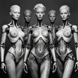 multiple 3 d half - skinned graphite cyborg machina - nymphettes, portrait by tony diterlizzi and h. r giger, ilford hp 5, 5 5 mm, hyper realistic, hyper - mechanistic by artgerm, gustav dore, peter mohrbacher, gothcore, disturbia, joseph christian leyendecker