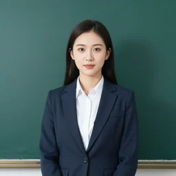 stock photo of a young female professor standing in front of a chalk board, sony a 7 r, studio lighting, detailed face, symmetrical