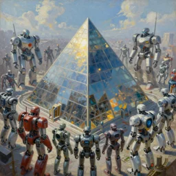detailed intricate epic atmospheric oil painting, millions of robot androids surrounding a gleaming steel and glass pyramid reflecting the bright sun