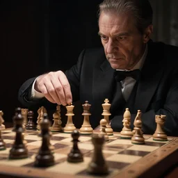A grandmaster playing the Queen's Gambit on the chessboard, dramatic photo