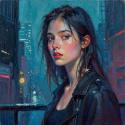 beautiful colorful painting, close - up of a woman standing in a cyberpunk, dystopian city on a melancholy rainy night
