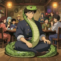 a male naga snake, no legs, seated in a lively tavern full of fantasy spirits and heroes, warm lights, lighthearted celebration, art by yuji ikehata and satoshi kon, background art by miyazaki, realism, proper human male proportions, fully clothed, dungeons and dragons, anime
