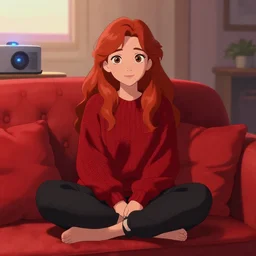anime of red hair girl with a dark red winter sweater and black sweat pants sitting comfortable in a red persian sofa with red persian pillows, projector in the room with a movie, warm lighthing, digital art, pixar, disney, beautiful, beautiful highly detailed illustration, stunning pretty face and eyes, pixiv gelbooru danbooru