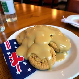 gravy poured all over a plate of cookies, served at a restaurant with a u. k. flag napkin.
