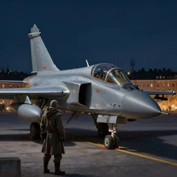 lone jedi looking down on Stockholm, night, SAAB 39 Gripen, trending on artstation, hd, wlop, octane render, HDRI, atmospheric, impressionism painting