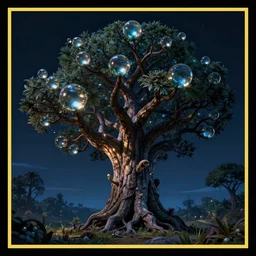 uranium glass orbs growing on a alien tree at night by disney concept artists, blunt borders, rule of thirds