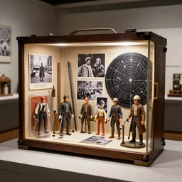 a well - lit, detailed museum archive photograph of a star wars memory box by joseph cornell, containing action figures, black and white photographs, and a star chart