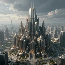 enigmatic fortress in the middle of a futuristic city