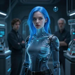 by wesley burt and basil gogos : : pale woman young hologram blue hair : : dark futuristic lab