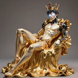 full - body rococo and cyberpunk style neon statue of a young attractive ( ( slender muscular portugues macho bem dotado ) ) e rico android ( sim roupa ) reclining ( con pernas aberta e verga dura ) leite, glowing white laser eyes, prince crown of black skulls, ruby, swirling gold - colored silk fabric. futuristic elements. full - length view