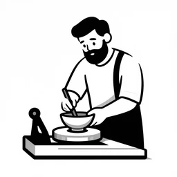 bearded man turning bowl on woodlathe, vector art, simple, clean, monochromatic, woodturning