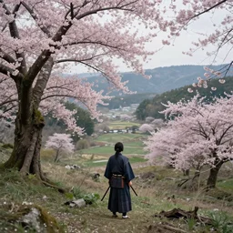 A lone samurai watching over a valley of cherry blossom trees, decayed, concept art, HD —H 1024