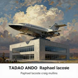 a building designed by tadao ando with spaceship landing on roof, majestic skies, oil painting, by greg rutkowski, by raphael lacoste, by craig mullins