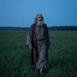 old prophet wandering about a meadow. blue hour