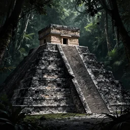 black blood - splattered mesoamerican jungle, stepped pyramid, dark fantasy art, wallpaper