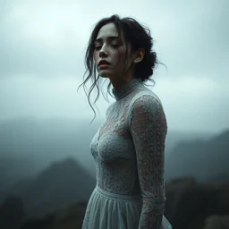 cinestill 5 0 d panorama of a woman by roversi, gritty, gloomy, pain, sad, intricate, elegant, sharp focus, artstation, dress in lace in a dystopian landscape, pale dark matte, sharp focus, illustration, octane render, unreal engine, art by roberto ferri greg rutkowski, epic fantasy, digital photo art