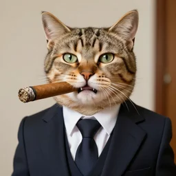 cat wearing a suit with a cigar on his mouth