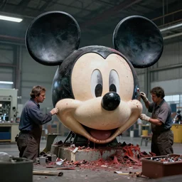 workers in hangar repairing bloody mickey mouse head, made by beeple, cgsociety, artgerm, greg rutkowski, highly detailed intricate 8 k art, low light cinematic,