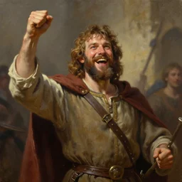 greg manchess oil matte portrait painting, cheering medieval peasant, happy, medieval, fantasy, wonderful masterpiece highly detailed, scifi, beautiful cinematic light deep focus, elegant, digital painting, smooth, sharp focus, golden ratio, dramatic illumination, ultra realistic, 4 k, art by greg rutkowski wlop rossdraws