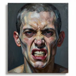 detailed painting of the face of a misanthropic and antisocial individual who needs to catharsis his anger and his internal war against the ego, psychotic conceptual art