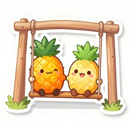 die cut sticker of anime two cute kawaii smiling pineapples on a swing set