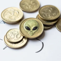 alien money coins, documentation photos, realistic