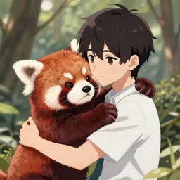 anime guy hugging a red panda, trending on artstation