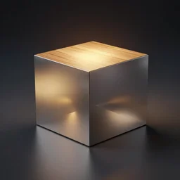 a metal cube on a wooden table,, cinematic, 3 d, frontlight, oled, cinematic lighting, studio lighting, beautiful lighting, global illumination, ray tracing global illumination, polished, metallic, ray tracing reflections, lumen reflections, screen space reflections, diffraction grading, ray traced, de - noise, shaders, 4 k, 8 k, 1 6 k