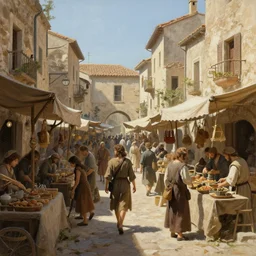 a busy medieval Mediterranean street market in the style of Sylvain Sarrailh, beautiful digital art, cinematic composition, detailed, concept art, Matt painting, oil painting, high res
