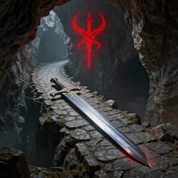 on the underground cliff of the devil castle made of stone, a stone road made of a huge sword in stone is paved on the cliff, and the red devil rune is floating in the air. narrative lighting, extremely super - detailed, intricate, epic composition, trending on artstation, by sergey vasnev and jan urschel
