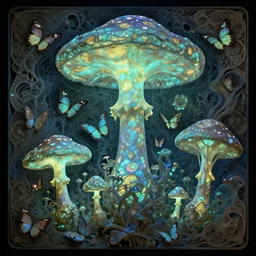 a 3 d bioluminescent radically alive world of mushroom fractals and butterflies, intricate mycelial lace, biopunk, rococo, inspired by peter mohrbacher & james jean & william morris & ernst haeckel & alphonse mucha — w 7 0 0