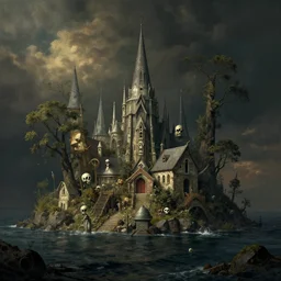 incredibly detailed, cinematic, isle of the dead, 8 k, octane render, world builder render, painted by arnold bocklin