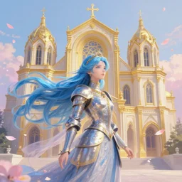 breathtaking detailed soft painting of a knight queen with long flowing blue hair, pastel flower petals flying, at dawn in front of a pristine golden art nouveau cathedral, elegant, volumetric lighting, highly detailed, artstation, concept art, matte, sharp focus, art by pilyeon,