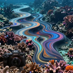 photogram of majestic lines using flow fields, long exposure, colors of tropical reef, sony a 7 r 3, f 1 1, ultra detailed,