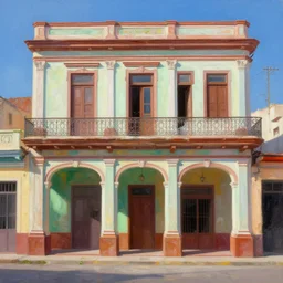 beautiful painting of cuban houses and storefront without characters, colonial architecture, intricate and smooth colors, front view, trending in artstation, colorful octane render, epic light, art style by robh ruppel