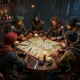 a beautiful hyper realistic 3d render of a group of thieves overlooking a map on a tavern table, knives, skulls, candlelit, baubles, drinks, sorcery, by Ian Gurmukh Bhasin, brom, grimshaw, goya, unreal engine, octane render, brilliantly colored, ultra wide angle, trending on artstation, HDR, polished,  ray tracing, 8k