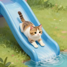 a cute cat sliding down a water slide , tiny, beautiful, matte fantasy painting, DeviantArt Artstation, by Jason Felix by Steve Argyle by Tyler Jacobson by Peter Mohrbacher