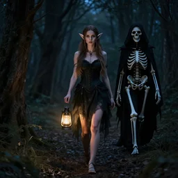 a photo of woman elf walks in night forest holding lantern in hands, hunted by dark fairy demon ghost of death black skeleton in cloak hood, perfect faces