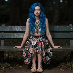 dslr photo of a pretty young woman, full bodied portrait, with blue hair, sitting on a bench wearing a flower skirt, and body and wearing hemp sandals and a very detailed faerie necklace around neck, artgerm, artstation, very high quality face, intricate details, extremely high quality, moody lighting, real camera, real photo, photography by deviantart, 8 k, full subject in shot