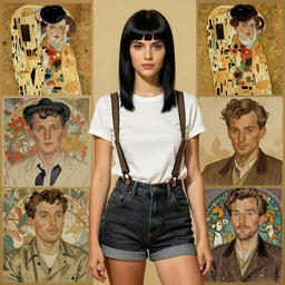 a woman with black hair and long pixie haircut in shorts with suspenders and white t-shirt drawn by Alexandre Cabanel, norman rockwell, juan gimenez, maler collier, frank frazetta, alphonse mucha, gustav klimt 4k, unreal 5, DAZ, french noveau, trending on artstation, octane render, hyperrealistic