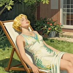 Art Deco masterpiece of a blonde girl tanning in her front yard, extremely detailed.