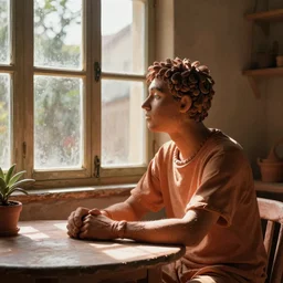 clay man at table looking out his windows