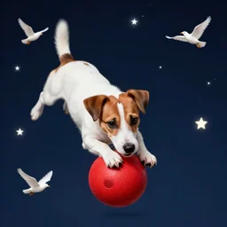jack russel dog landing on a red ball, birds eye view, surrounded by stars, at night time, stars, illustrated by peggy fortnum and beatrix potter and wayne barlow and sir john tenniel