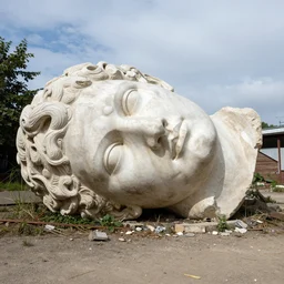 giant stolen statue of ibertys head is abandoned lying sideways on the ground